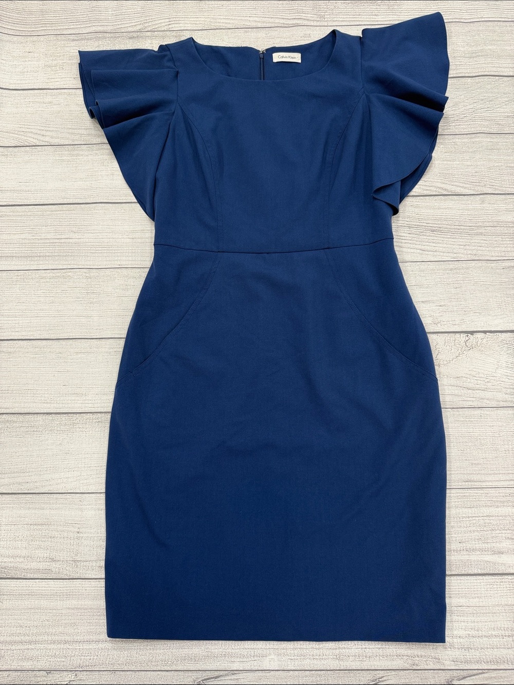 Calvin Klein Deep Blue Flutter Sleeve Sheath Midi Dress Size Large